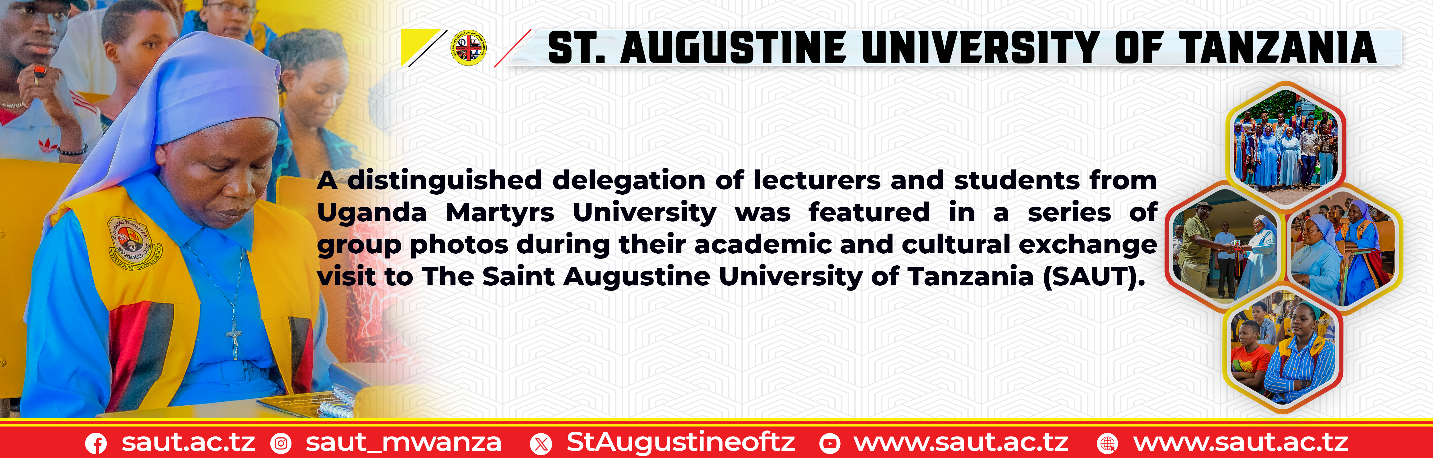 A distinguished delegation of lecturers and students from Uganda Martyrs University was featured in a series of group photos during their academic and cultural exchange visit to Saint Augustine University of Tanzania (SAUT).